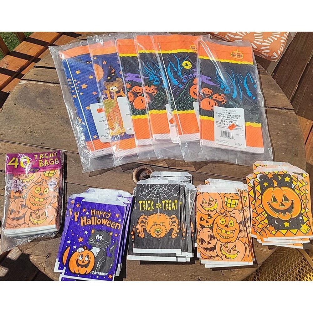 Lot of 6 Vtg Crepe Halloween Paper Tablecloths Cat Witches & Pumpkins Treat Bags